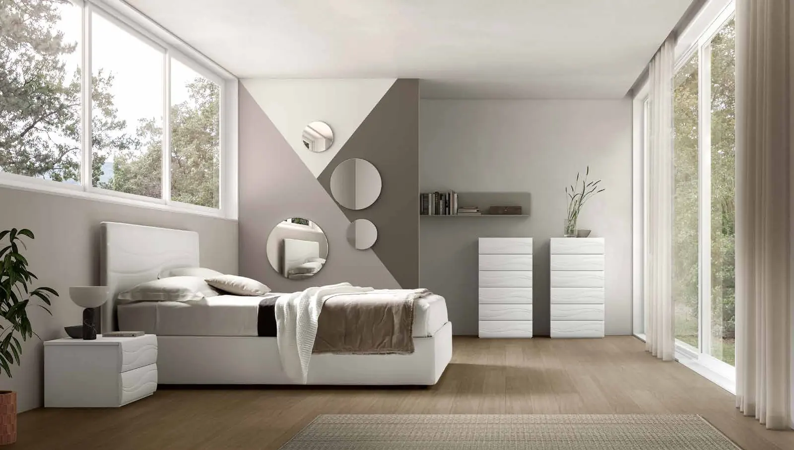 Foto del catalogo Maronese: letto City in ecopelle Bianco, gruppo City in frassino Bianco.