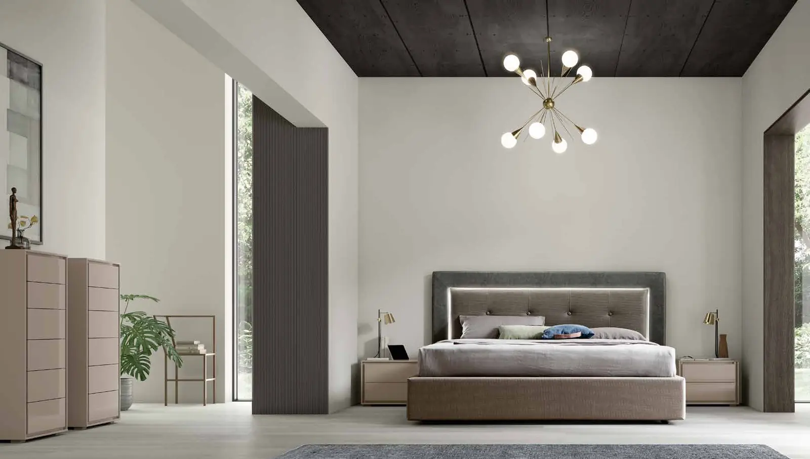 Foto del catalogo Maronese: letto Deo con testiera in ecopelle Gold, gruppo Grip in laccato lucido Sabbia. La pediera che si vede nella foto non è compresa: scrivici se la desideri.