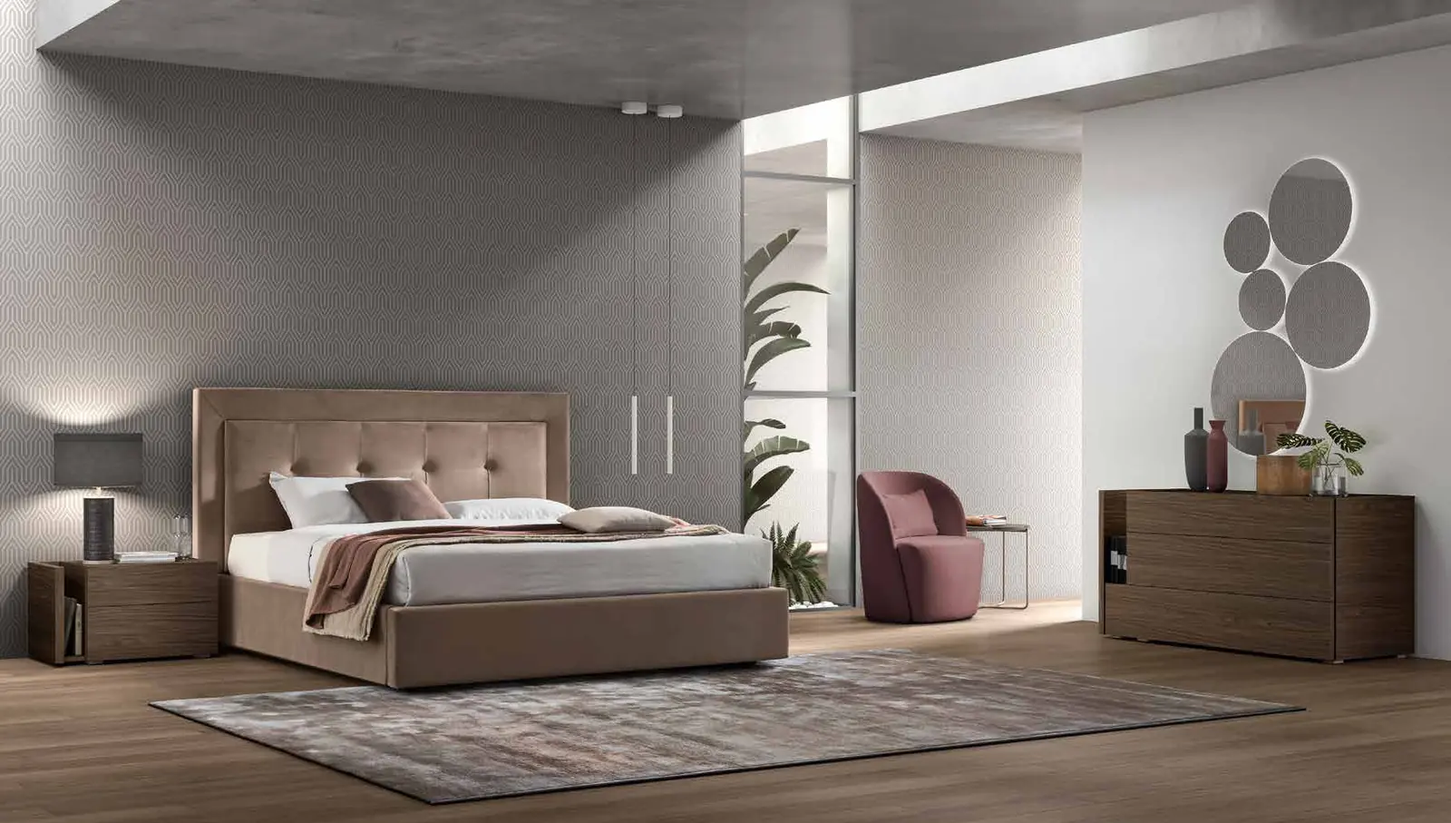 Foto del catalogo Maronese: letto Deo in tessuto Amsterdam 44, gruppo Oslo in Rovere Thea. L'armadio che si vede nella foto non è compreso: per questa camera proponiamo l'armadio Facile, qui sotto.