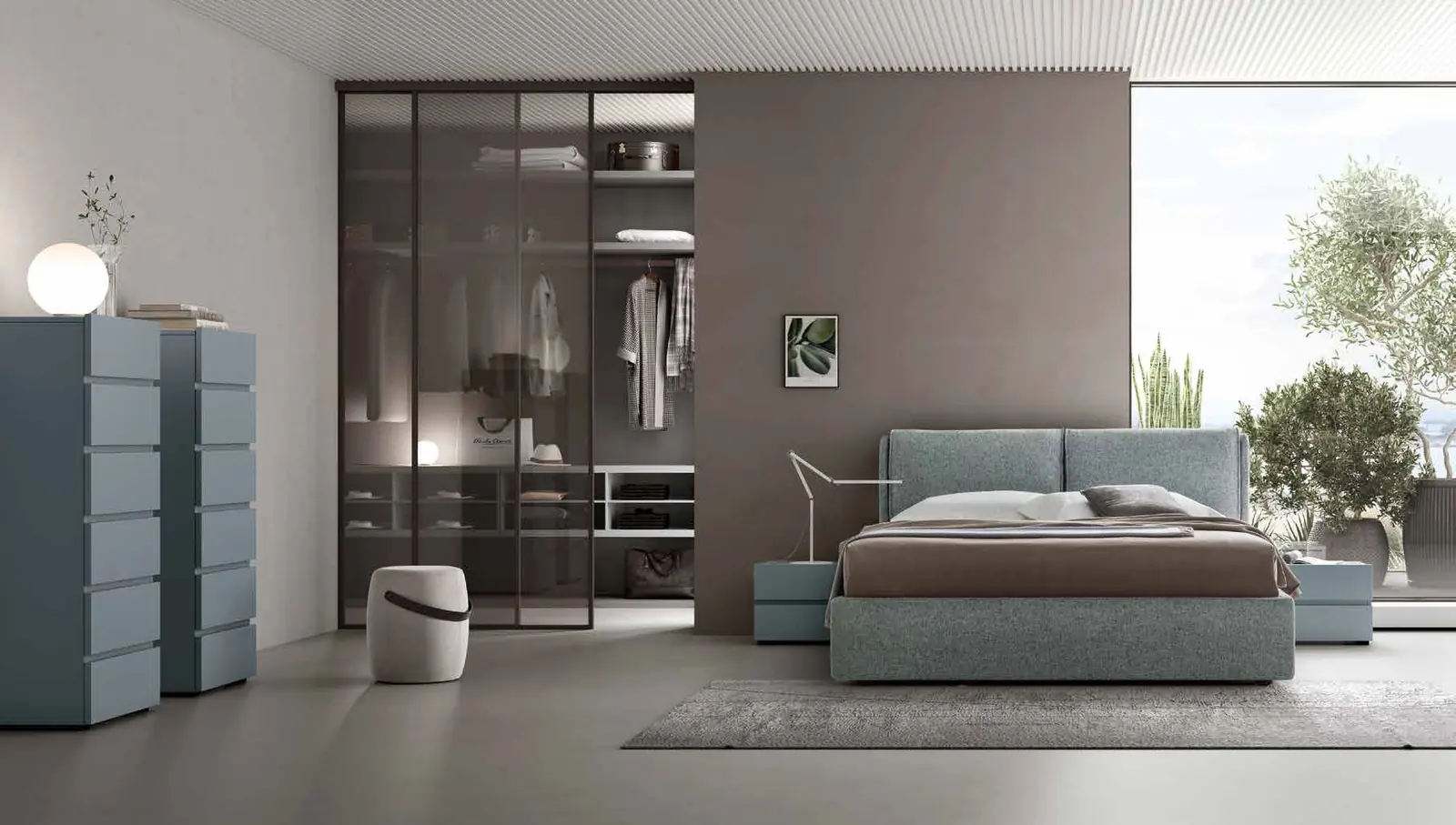 Foto del catalogo Maronese: letto Ester in tessuto Ripley 19, gruppo Beta in laccato opaco Carta da Zucchero. L'armadio che si vede nella foto non è compreso: per questa camera proponiamo l'armadio Facile, qui sotto.