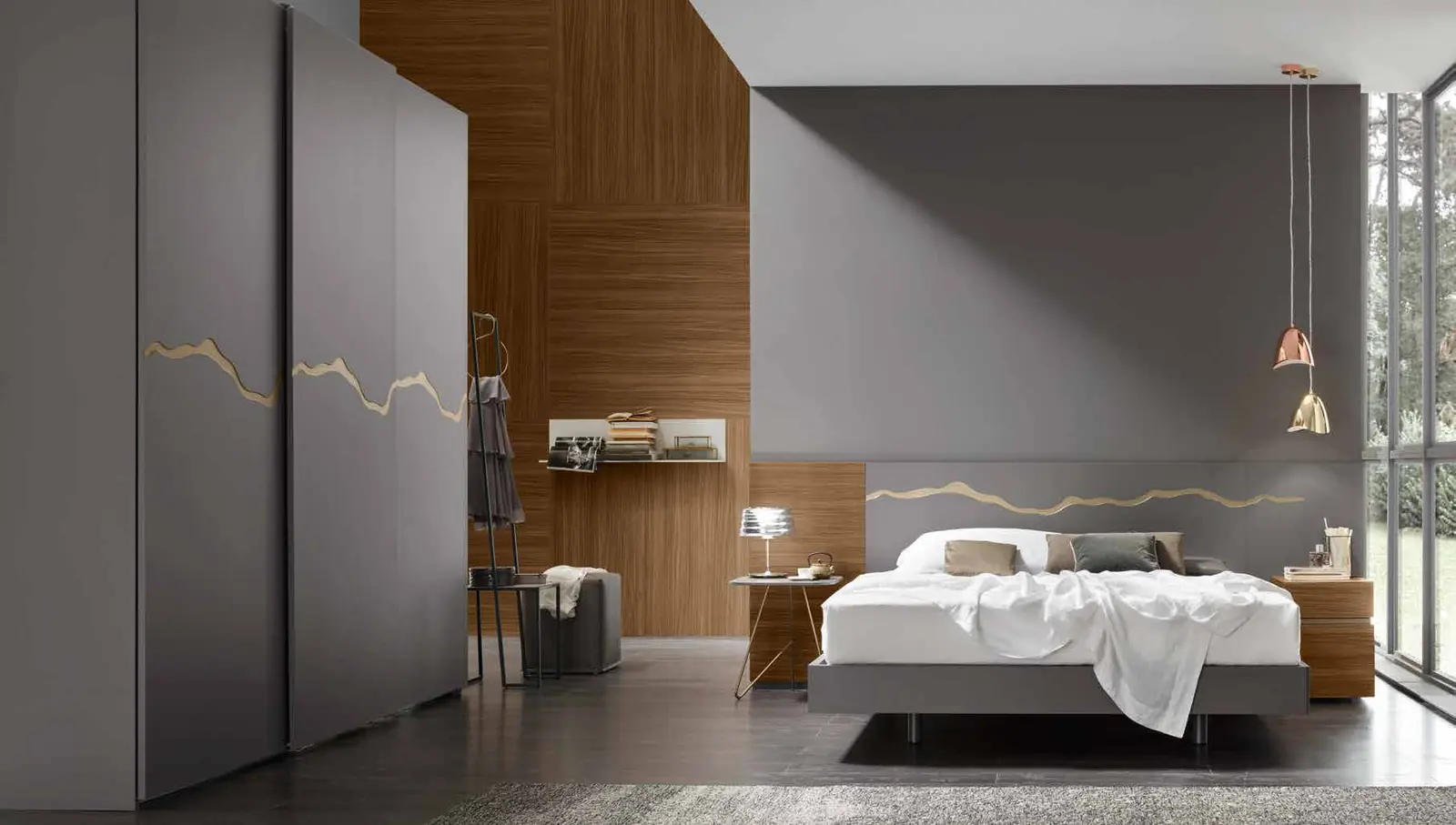 Foto del catalogo Maronese: letto Flash in melaminico Grafite con decoro laccato opaco Nichel, gruppo Street in Olmo Tabacco con profilo laccato opaco Nichel. L'armadio che si vede nella foto non è compreso: per questa camera proponiamo l'armadio Facile, qui sotto.