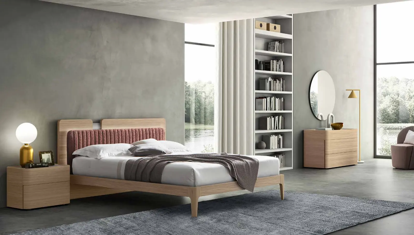 Foto del catalogo Maronese: letto Ginger in Rovere Nordico con testiera in tessuto Sogno 904, comodini e comò Capri in Rovere Nordico con piano laccato opaco Magma.