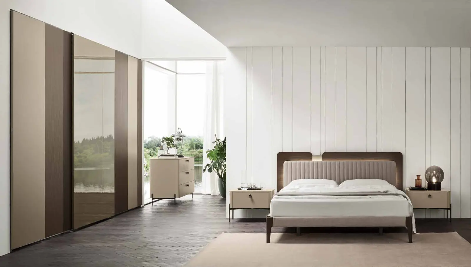 Foto del catalogo Maronese: letto Ginger in Rovere Thea con inserto millerighe laccato opaco Sabbia e tessuto Flirt Grigio Lino, gruppo Mono. L'armadio che si vede nella foto non è compreso: per questa camera proponiamo l'armadio Facile, qui sotto. I basamenti con gambe del gruppo Mono sono un accessorio a richiesta e non sono compresi: scrivici per il prezzo.