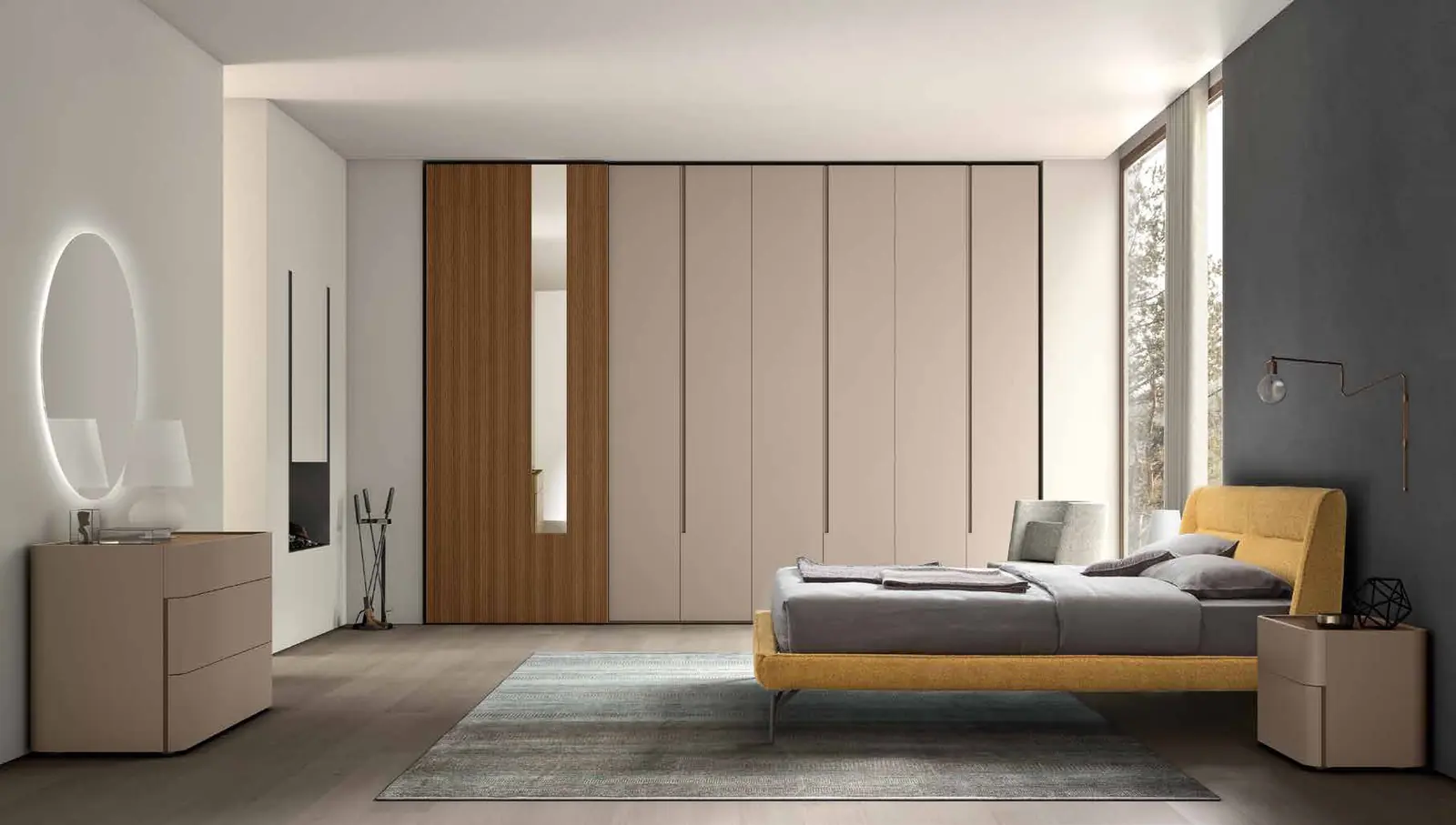 Foto del catalogo Maronese: letto Henry in tessuto Sogno 500 con piedini in Manganese, gruppo Capri laccato opaco Terra con top Nocciola. L'armadio che si vede nella foto non è compreso: per questa camera proponiamo l'armadio Facile, qui sotto.