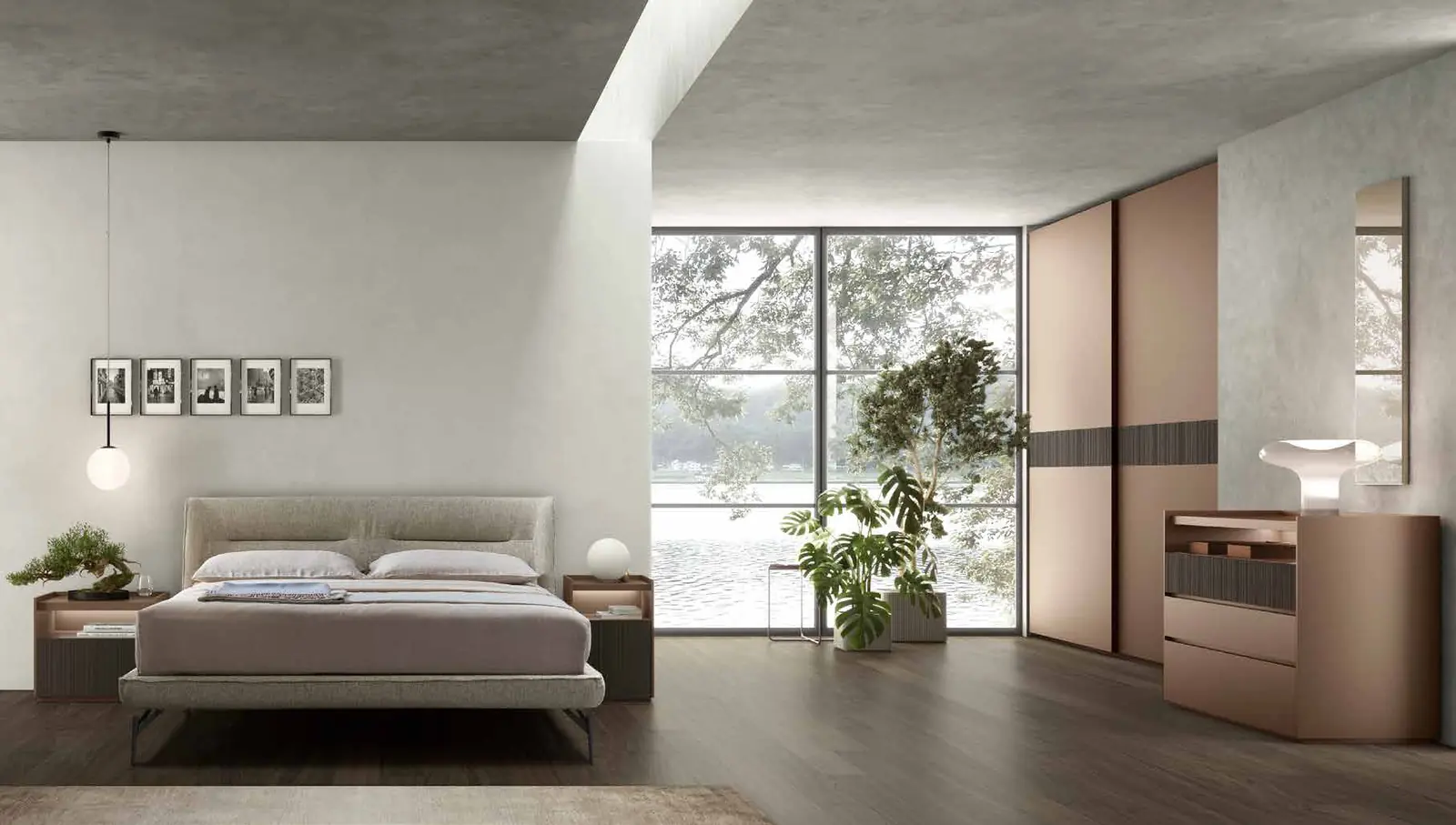 Foto del catalogo Maronese: letto Henry in tessuto Elettra 05, gruppo Light in laccato opaco Castagno e pressato impiallacciato Cacao. L'armadio che si vede nella foto non è compreso: per questa camera proponiamo l'armadio Facile, qui sotto.