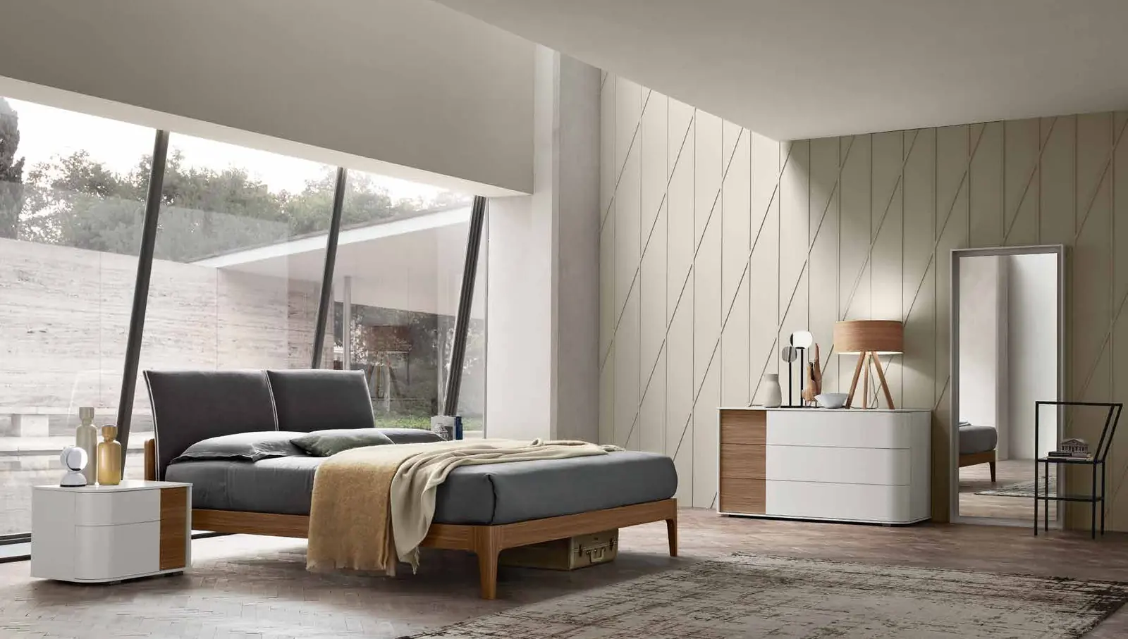 Foto del catalogo Maronese: letto Lena in Olmo Tabacco con testiera in tessuto Rally 600, gruppo Bold in laccato opaco Ghiaccio e Olmo Tabacco.