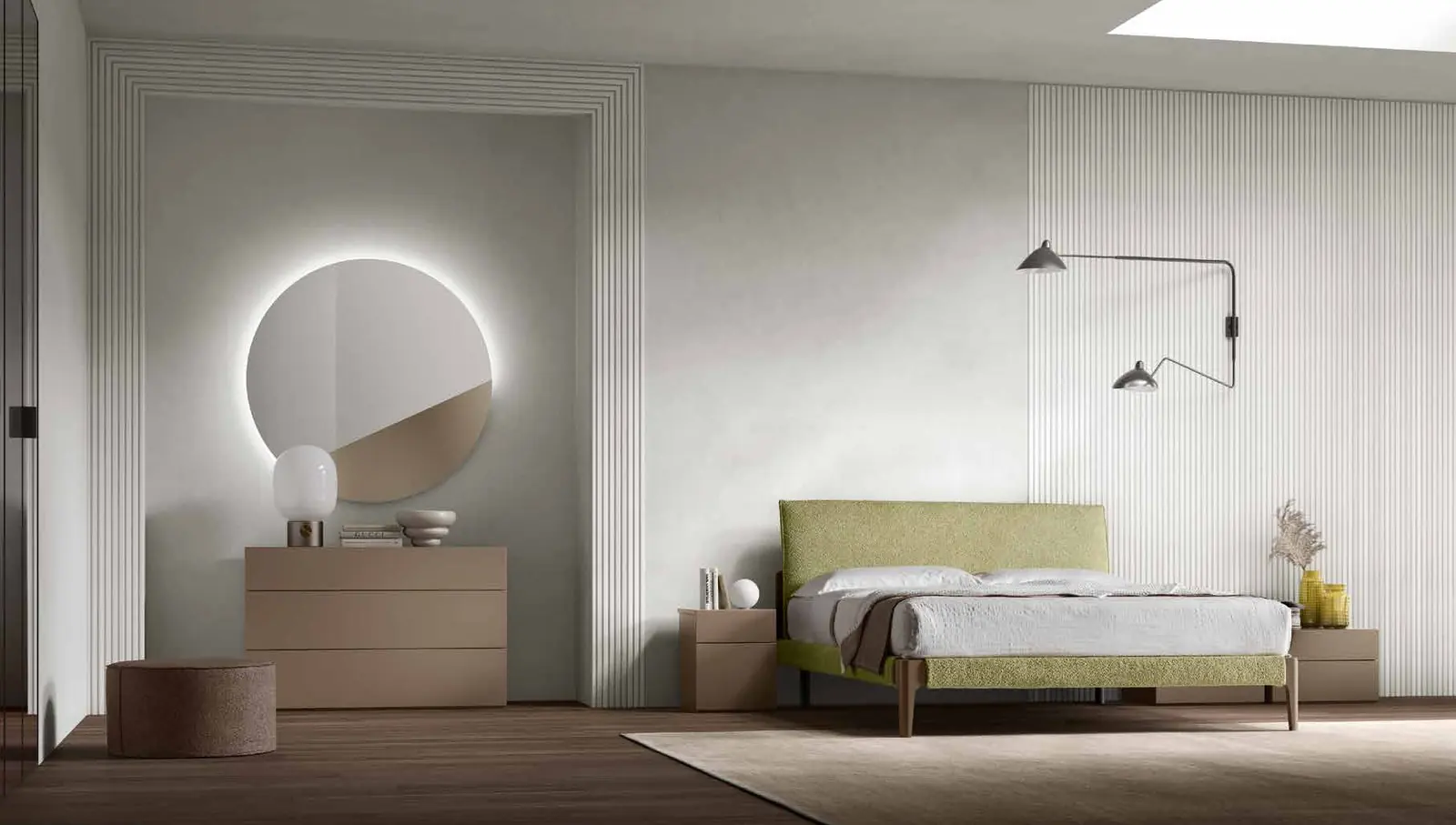 Foto del catalogo Maronese: letto Lena in tessuto Sogno 800 e laccato opaco Terra, gruppo Brio in laccato opaco Terra.