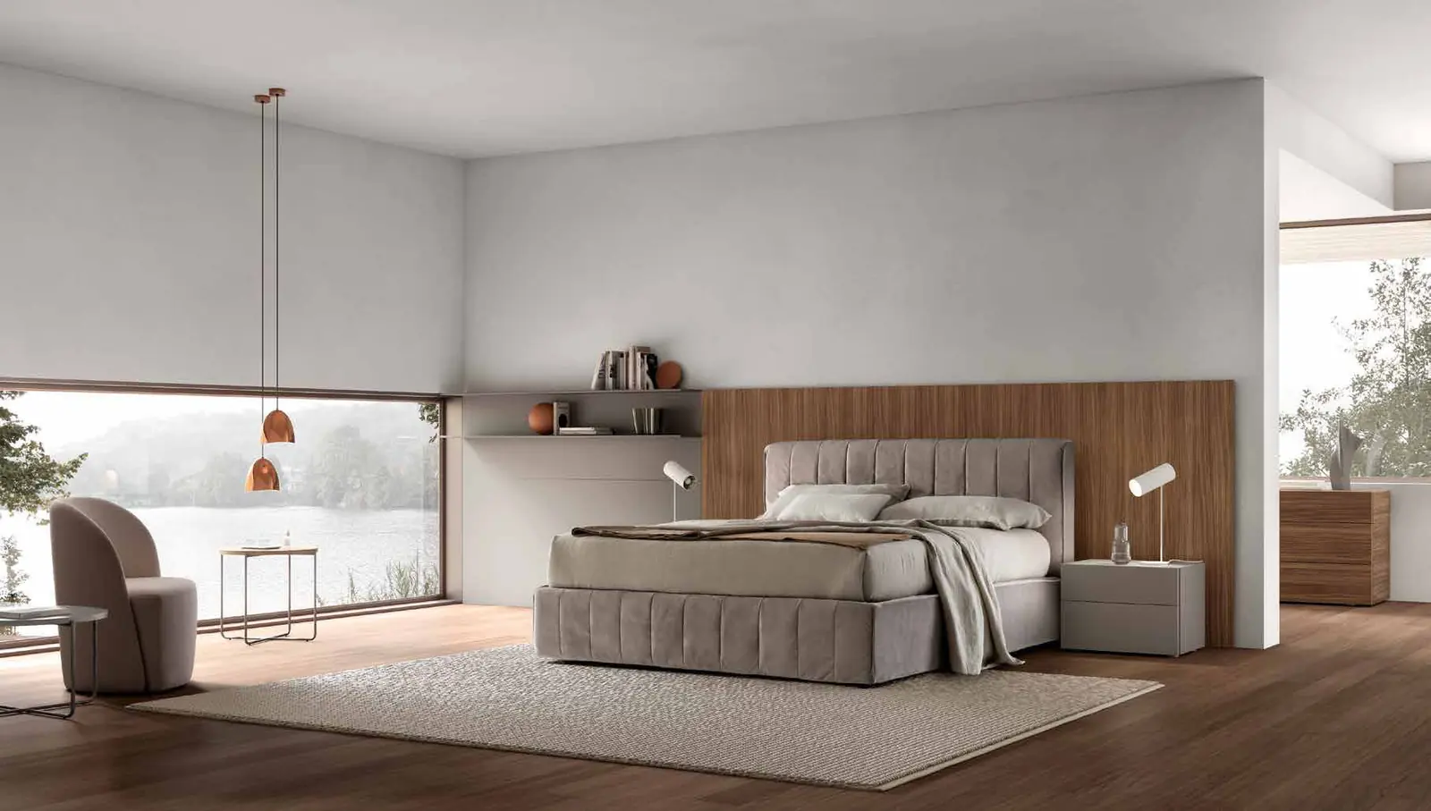 Foto del catalogo Maronese: letto Oliver in tessuto Amsterdam 64, gruppo Eden con comò in Olmo Tabacco e comodini in laccato opaco Taupe.