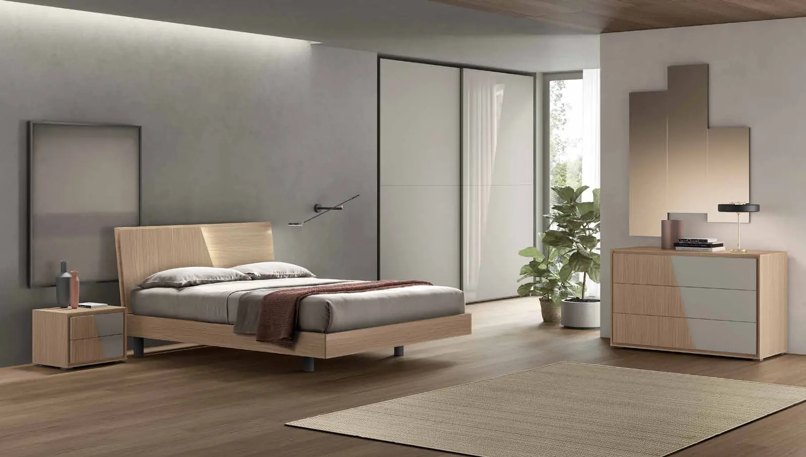 Foto del catalogo Maronese: letto Slide in Rovere Nordico, gruppo Cross in Rovere Nordico con inserti in laccato opaco Agata. L'armadio che si vede nella foto non è compreso: per questa camera proponiamo l'armadio Facile, qui sotto.