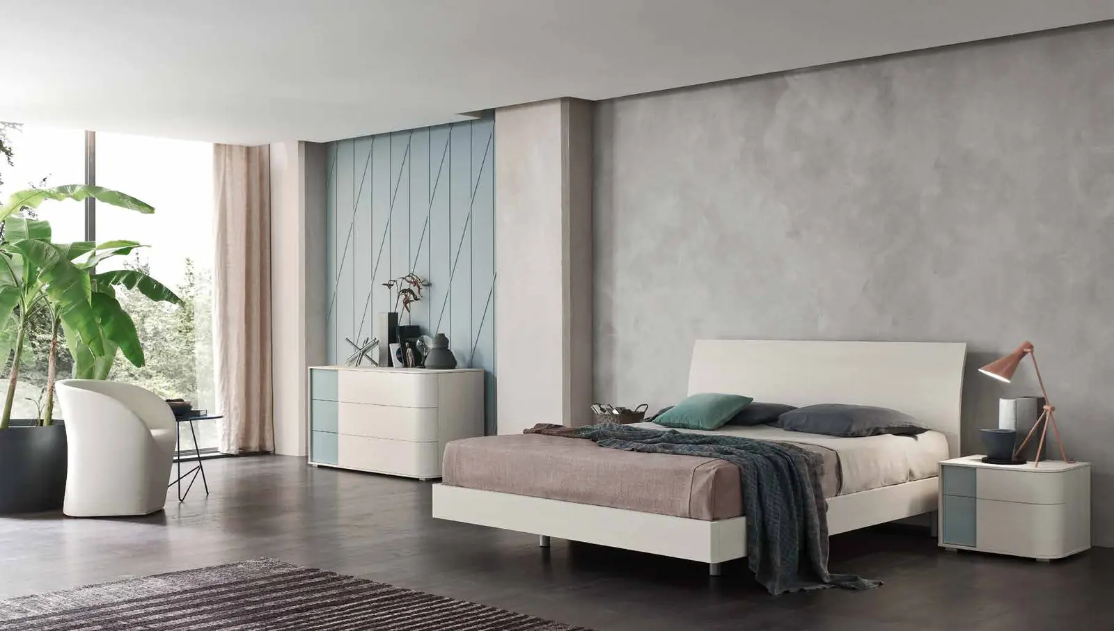 Foto del catalogo Maronese: letto Vela in Olmo Artico, gruppo Bold in Olmo Artico e laccato opaco Celeste.