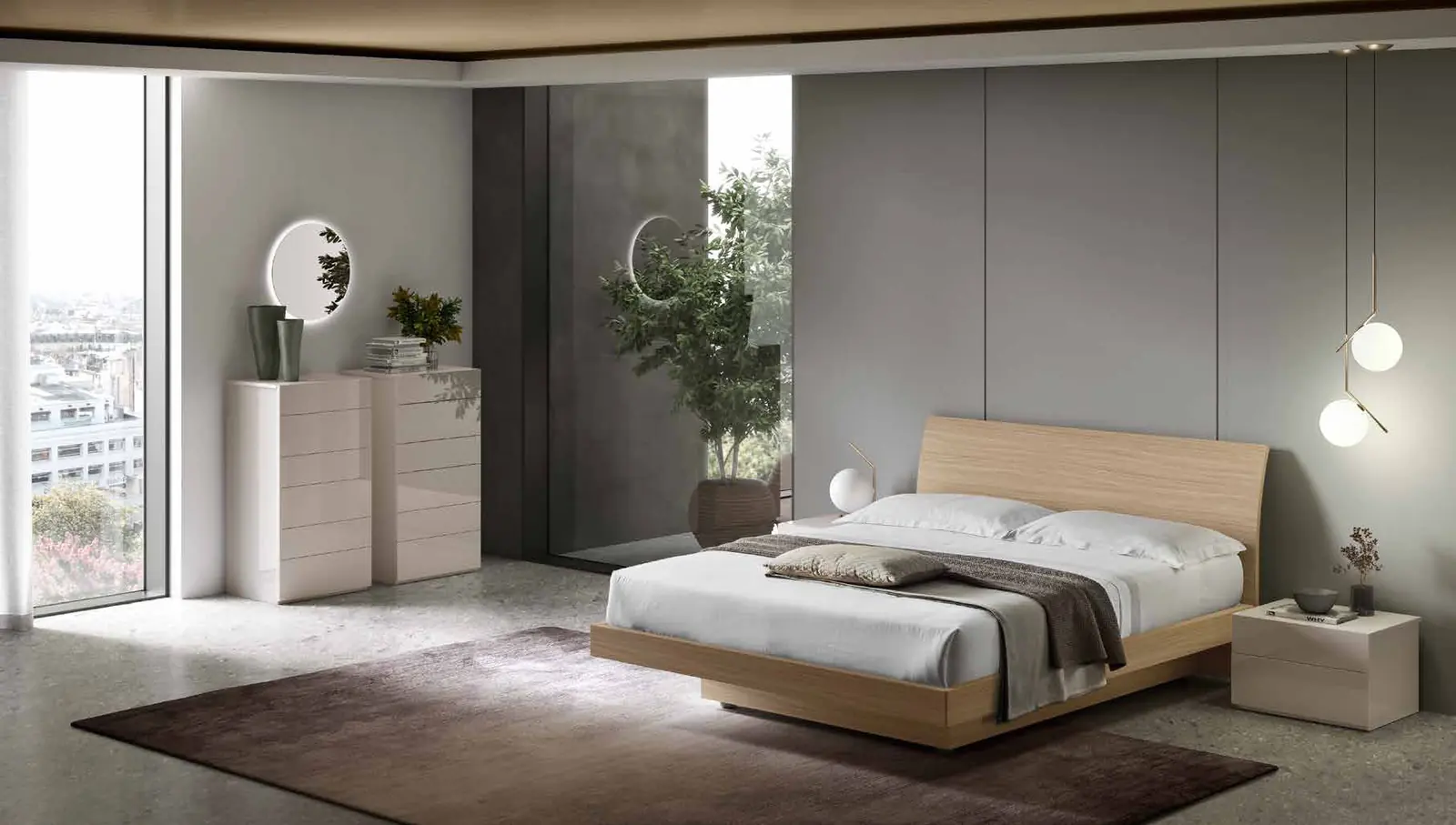 Foto del catalogo Maronese: letto Vela in Rovere Nordico, gruppo Way in laccato lucido Cashmere.