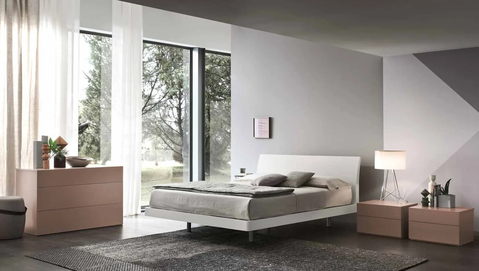 Foto del catalogo Maronese: letto Viki in frassino Bianco, gruppo Way in frassino laccato Cipria.